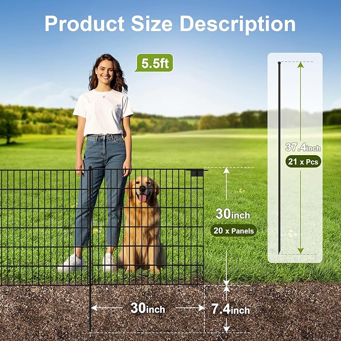 Land Guard 20 Panels No Dig Decorative Garden Fence with Gate for Yard, 30 in(H) x 50 ft(L) Removable Dog Fence Outdoor for Yard, Rustproof Metal Animal Barrier Ground Stakes