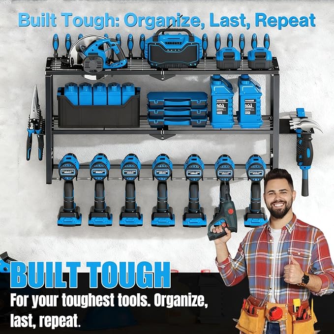 Heavy Duty Power Tool Organizer Wall Mount - 3 Tier Metal Tool Rack with 7 Drill Holders, 300LB Capacity for Garage, Workshop, Pegboard Storage