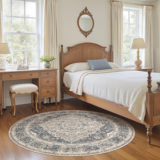 Washable 5 Ft Round Area Rug - 5x5 Area Rugs for Living Room Bedroom Dining Room Home Office Floor Decor- Vintage Floral Stain & Fade Resistant Non-Slip Backing Carpet(Blue/Beige)