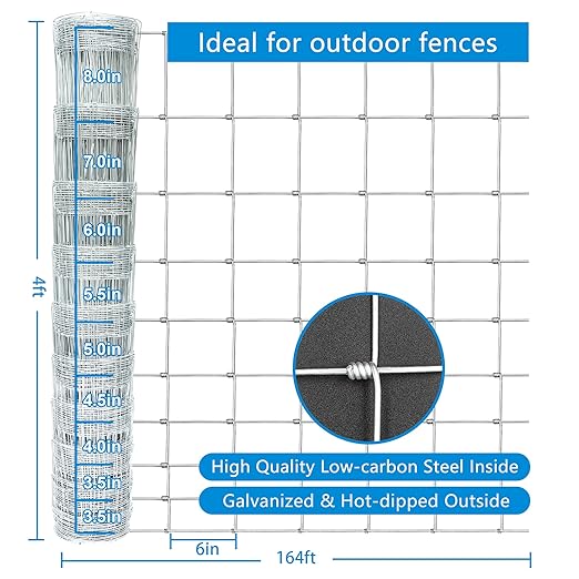 Farm Fence 4ft x 164ft Heavy Zinc Coating Cattle Fence Galvanized Field Fencing Sheep Fence Goat Fence,Hog Wire Fencing for Yard Livestock Animals Protection
