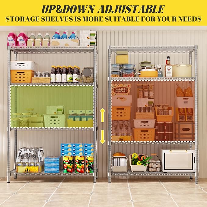 Storage Shelves, 36" L x 14" W x 54" H Heavy Duty Garage Wire Shelving Unit Loads 1400LBS, 4-Tier Adjustable Metal Industrial Utility Shelf Rack for Kitchen, Laundry Room, Basement