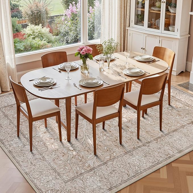 Collive 8x10 Area Rugs for Living Room, Washable Neutral Pink Hand-Painted Floral Bedroom Rug, Vintage Distressed Boho Non Slip Low Pile Large Carpet, Soft Retro Dining Room Office Rug, Pink Grey