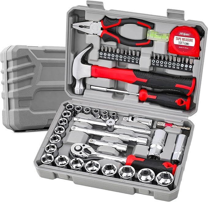 Hi-Spec 52pc Home Garage Mechanics DIY Tool Kit Set. Metric Sockets, Ratchet Wrench, Screwdriver Bit Set, Pliers and Spark Plug Accessories in a Portable Toolbox Case