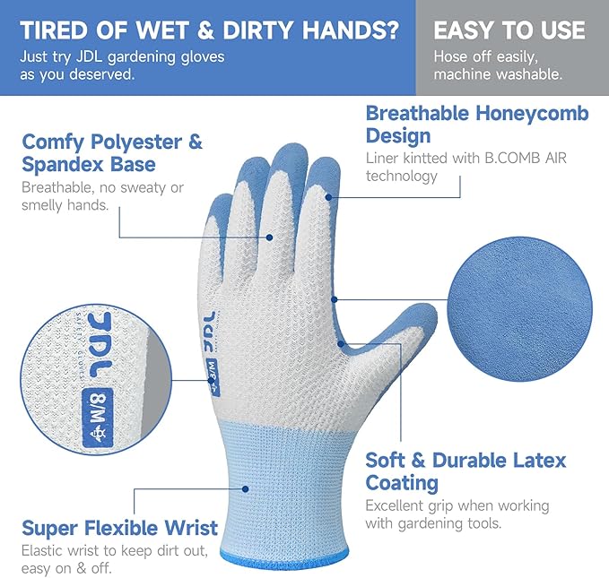 JDL Gardening Gloves for Women, 2 Pairs Breathable Latex Coated Yard Garden Gloves, Rubber Outdoor Protective Work Gloves with Grip, Blue, Large Size