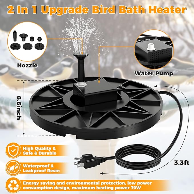 Bird Bath Heater, 70W Submersible Pond Deicer Bird Bath Deicer Birdbath Water Heater Thermostatic Control Power Saving for Outdoors in Winter (with Water Pump)