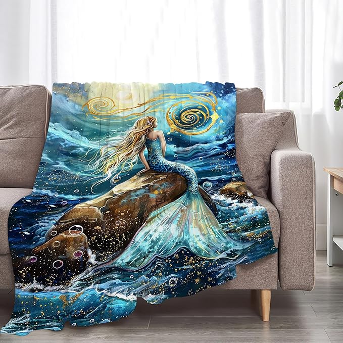 Mermaid Blanket Gifts for Girls Boys Soft Warm Plush Little Mermaid Coastal Ocean Throw Blanket Flannel Fleece Fuzzy Blankets for Kids Lover Bed Couch Living Room Decor 80"X60"