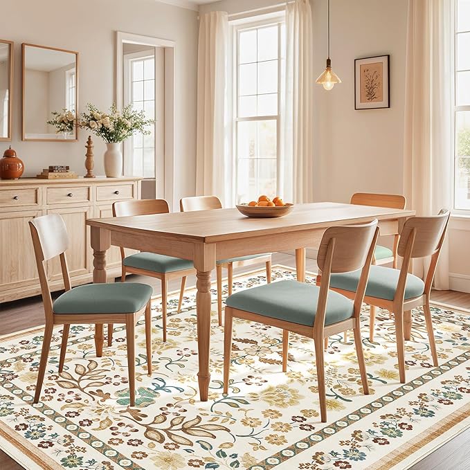 10x12 Area Rug Living Room Rugs - Washable Boho Vintage Floral Large Soft Non Slip Thin Rug Low Pile Carpet for Bedroom Dining Room Kids Playroom Office Decor Indoor- Brown