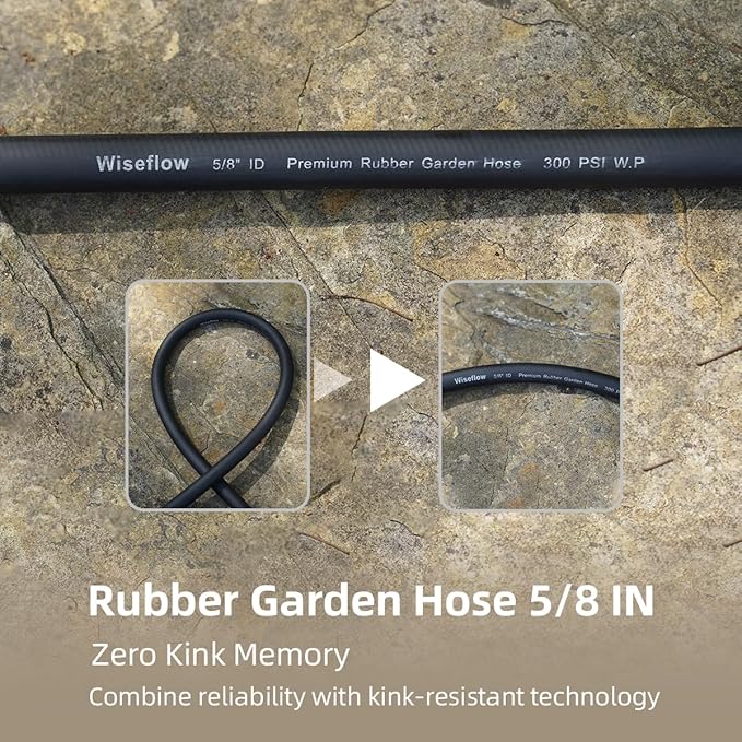 WiseFlow Garden Hose 90FT x 5/8", Heavy Duty Rubber Hose, Water Hose with Five Layered Braiding, Male Female Fittings, 1000PSI Burst, 300PSI Working (Black)