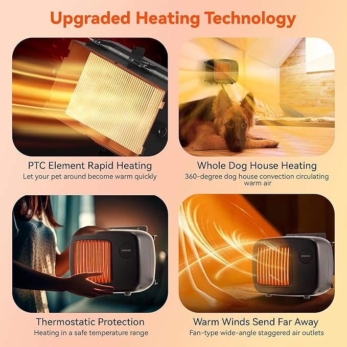 Dreyoo 600/300W Dog House Heater with Thermostat, Pet Heater with 6FT Anti Chew Cord and Safe Overheat Protection, 2 Heating Mode Pet Warmer for Dogs Chicken Coops Rabbits(Black,1 Pcs)