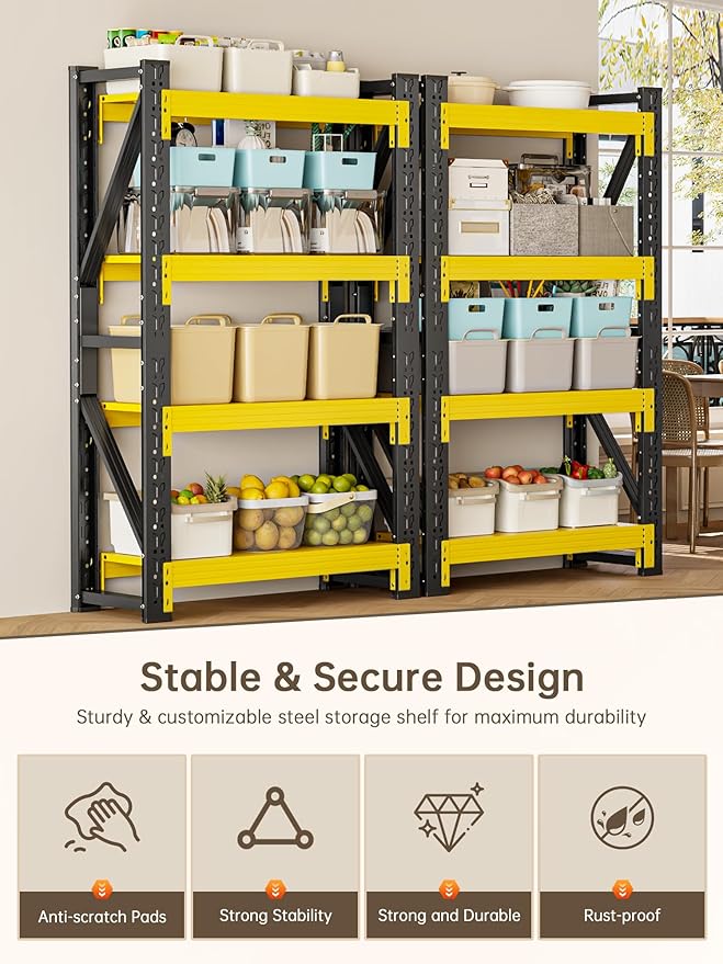 4-Tier Storage Shelves,79" H Heavy-Duty Garage Shelving Unit,Adjustable Industrial Metal Shelf System,4,000lbs Capacity,Tool Organizer for Garage,Workshop,48" W*20" D*79" H,Black&Yellow