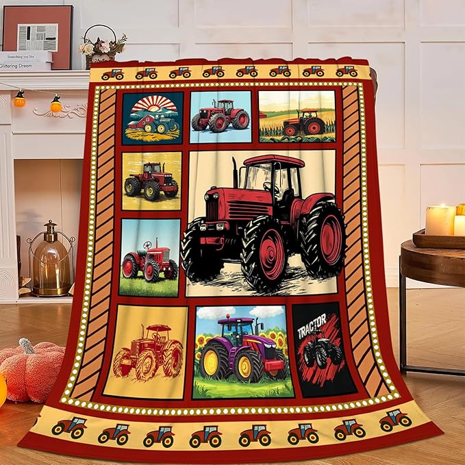 Truck Blanket, Red Trucks Throw Blanket, Farmhouse Tractor Gifts Blankets Stuff Fleece Flannel Plush for Men Boys Women Girls Lovers Adults Soft Bedding Gift for Sofa Bed Office Home Decor 40"X50"
