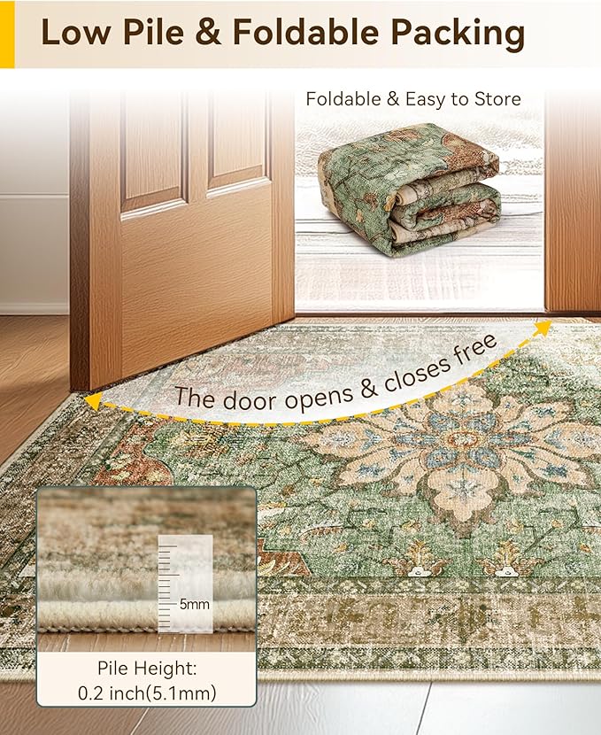Area Rugs 2'6''x8' Washable Non-Slip, Floral Vintage Distress Print Pattern Medallion Carpet for Living Room Bedroom Dining Room, Brick Red Rust Neutral Brown Burnt Orange Green