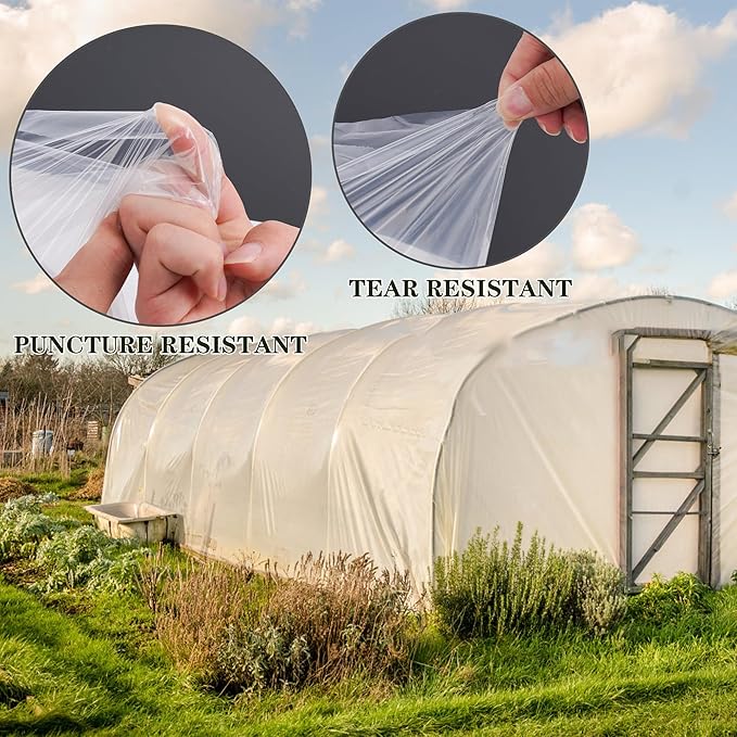 Greenhouse Film 25 x 40Ft Greenhouse Plastic Plant Covers Freeze Protection UV Resistant PE Clear Film for Plants Dust Proof Resist Cold Weather Heavy Rainfall Strong Winds