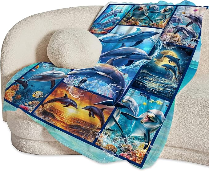 Dolphin Blanket Ultra Soft Cozy Dolphin Throw Blanket Fleece Fuzzy Plush Bedding Marine Life Lovers Gifts for Women Girls Kids Adults Couch Sofa 80"x60"