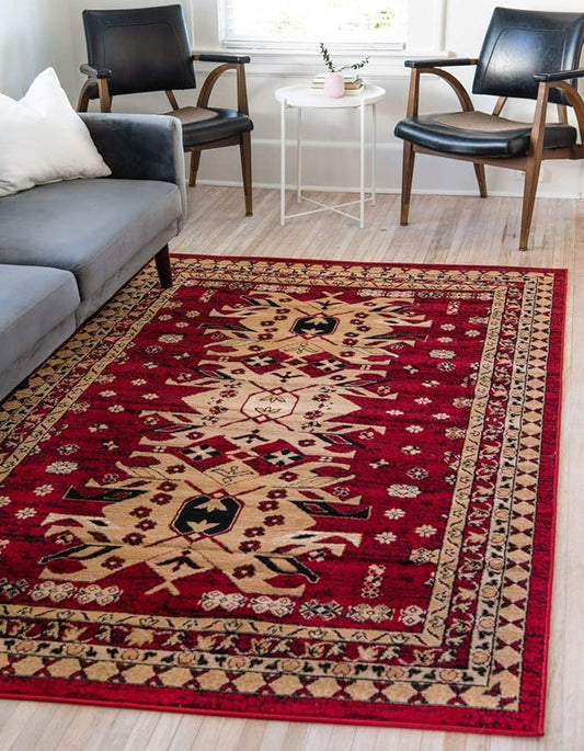Unique Loom Taftan Collection Border Geometric Tribal Inspired Design Area Rug, 5 ft x 8 ft, Red/Gold