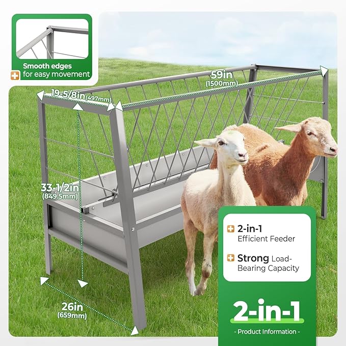 Pasture Hay Feeder 2 in 1 55 Gallon Livestock Feed Trough with 22 Gallon Feed Pan Hay Grain Livestock Feeder for Sheep, Calf, Cow and Horse