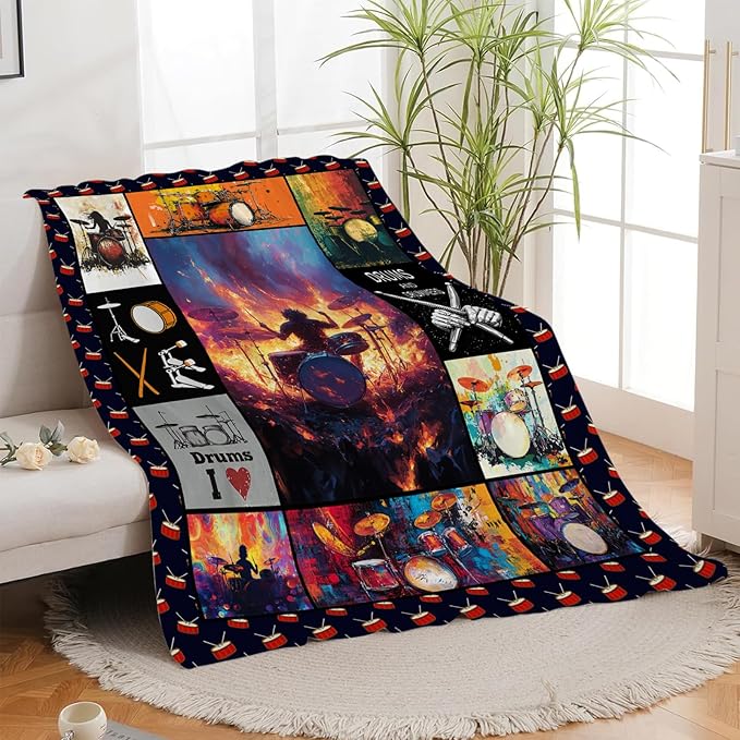 Music Blanket, Drums Set Throw Blanket, Rock Music Gifts Blankets Stuff Fleece Flannel Plush for Drummer Men Boys Girls Women Lovers Adults Soft Bedding Gift for Sofa Bed Office Home Decor 40"X50"