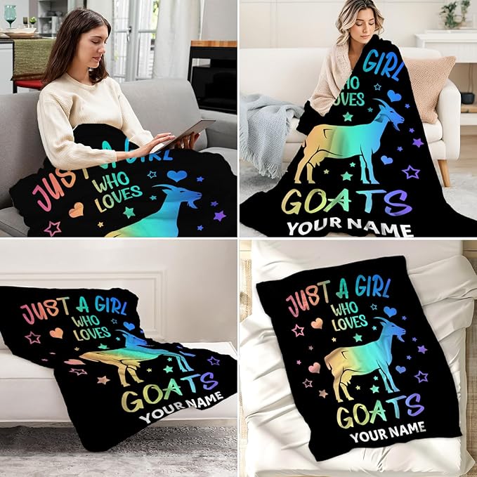 Custom Goat Blanket for Girls - 30x40 Inches Lap Size with Name - Soft Fuzzy Plush Throws Gift - Black Funny Throw Blanket for Couch, Office
