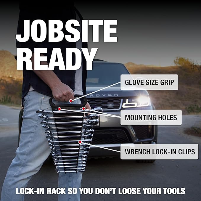 Jaeger 16pc MM/Metric TIGHTSPOT 90-Tooth Ratcheting Combination Wrench Set With Lock-In Rack - Metric SET With Ratchet Speed Wrenches And A Lock-In Rack Case