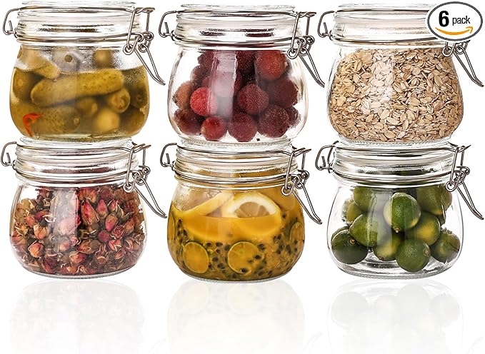 Liuruiyu 16oz - 6 Pack Round Glass Jars with Airtight Lid, Wide Mouth Mason Jars with Clamp Lids, Air Tight Glass Canisters, Food Storage Containers for Cereal, Pasta, Beans, Sugar, Coffee, Spice