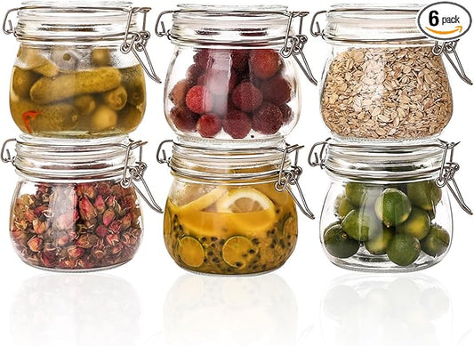 Liuruiyu 16oz - 6 Pack Round Glass Jars with Airtight Lid, Wide Mouth Mason Jars with Clamp Lids, Air Tight Glass Canisters, Food Storage Containers for Cereal, Pasta, Beans, Sugar, Coffee, Spice