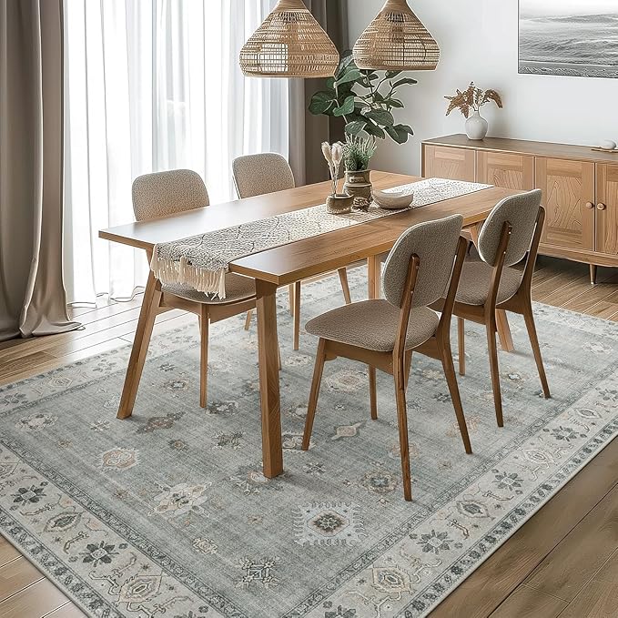 GENIMO 5X7 Area Rugs for Living Room, Machine Washable Non Slip Vintage Rugs, Low Pile Lightweight Chenille Print Rug for Bedroom, Dining Room, Home Office, Bluish Gray
