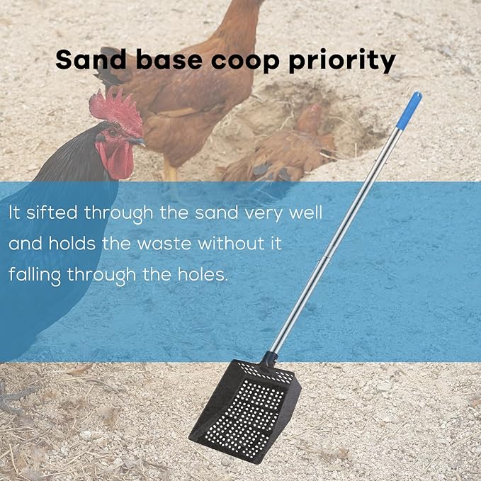 Chicken Poop Scooper,Big Sifting Shovel for Farm Chicken and Coop Goat Stall,Metal Chicken Scooper Cleaning, Chicken Coop Rake with Long Handle(40 1/2'').