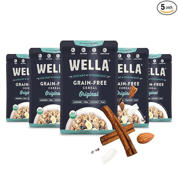 Wella Cereal Oatmeal Alternative, Gluten-Free Breakfast Hot Cereal, Grain-Free Paleo Organic Vegan High Protein Superfood, Plant-Based Non-GMO, Low in Net Carbs, Single-Serve Packets, Original Flavor (5 Count, 1.6 oz. Packets)