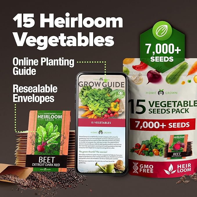 HOME GROWN Heirloom Vegetable Seeds - 15 Varieties, 7,000+ Non GMO Seeds for Planting, Complete Vegetable Garden Kit for Indoor & Outdoor Growing, Survival Seed Vault for Preppers