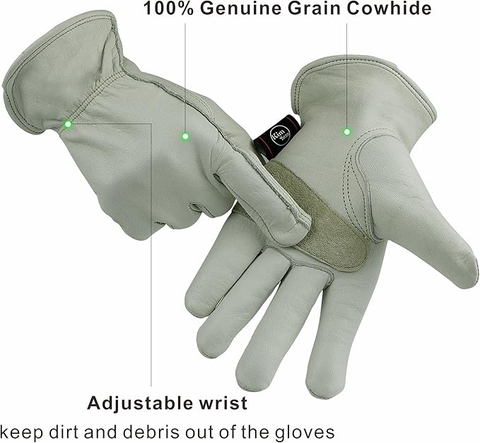 Leather Work Gloves Grain Cowhide for Yard Work, Gardening, Farm, Warehouse, Construction, Motorcycle, with Elastic Wrist, Men & Women X-Large 1 Pair