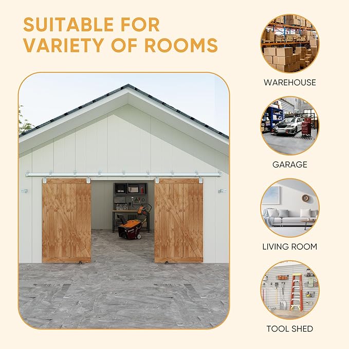 JUBEST 14FT Box Rail Exterior Barn Door Hardware Kit, Heavy Duty Sliding Door Track Kit Wall Mount Door Hardware Kit for Two Doors System(Doors Not Included), Silver