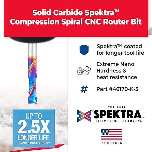 Amana Tool 46170-K-5 5-Pack CNC SC Spektra Extreme Tool Life Coated Compression Spiral 1/4 D x 7/8 CH x 1/4 SHK x 2-1/2 Inch Long 2 Flute Router Bits