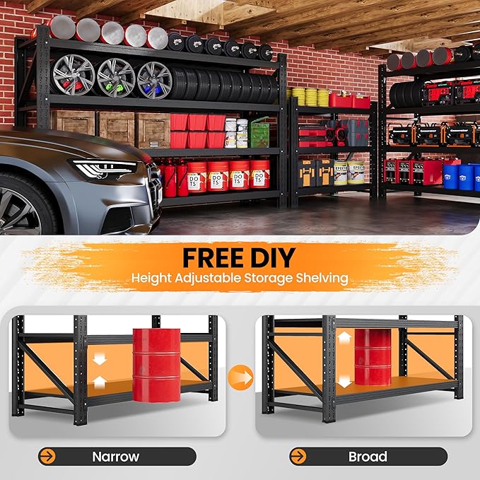 68”W Garage Shelving Units, 8000LBS Storage Shelves Heavy Duty, 24" Deep Metal Shelving Rack, 4 Tier Tall Steel Industrial Shelving , Adjustable Standing Shelf for Warehouse / Shop 68"W x 24"D x 64"H