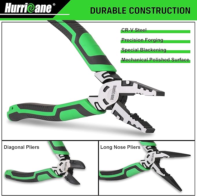 HURRICANE 3-Piece Pliers Set - Heavy-Duty with 8-Inch Linesman, Needle Nose Pliers and 6-Inch Diagonal Cutters for Basic Repair