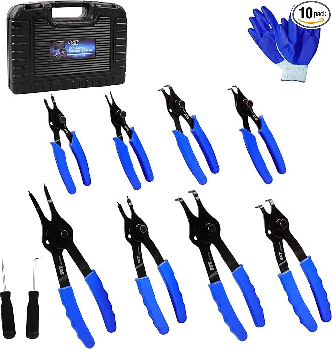 SGT 10 Pc Snap Ring Pliers Set,Heavy Duty Snap Ring and Circlip Removal Tool with Bent & Straight Pliers, Hook Pick,Internal & External Circlip Pliers Set with Storage Case & Gloves