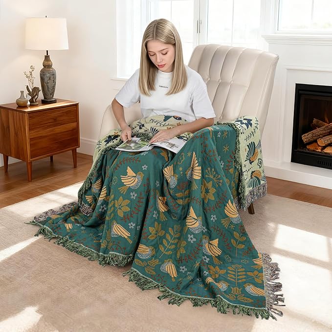 MACEVIA 100% Cotton Boho Throw Blanket, Soft Lightweight Green Bird Floral Design, 60"x80" Twin Size Bedspread for Couch Sofa, Bed, Travel, Cottagecore Decor, with Fringe Tassels (Bird Floral)