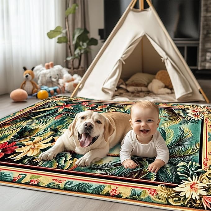 5x7 Tropical Rainforest Area Rugs Boho Forest Botanical Rug for Living Room Indoor Soft Non-Slip Thin Large Carpet Green Rugs for Bedroom Home Decor Under Table Washable Machine