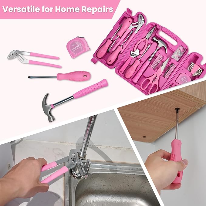 Pink Tool Set for Women, 136-Piece Household Small Tool Set, Toolbox Storage for Home Repairs, Portable Hand Tool Kit for Home Car College