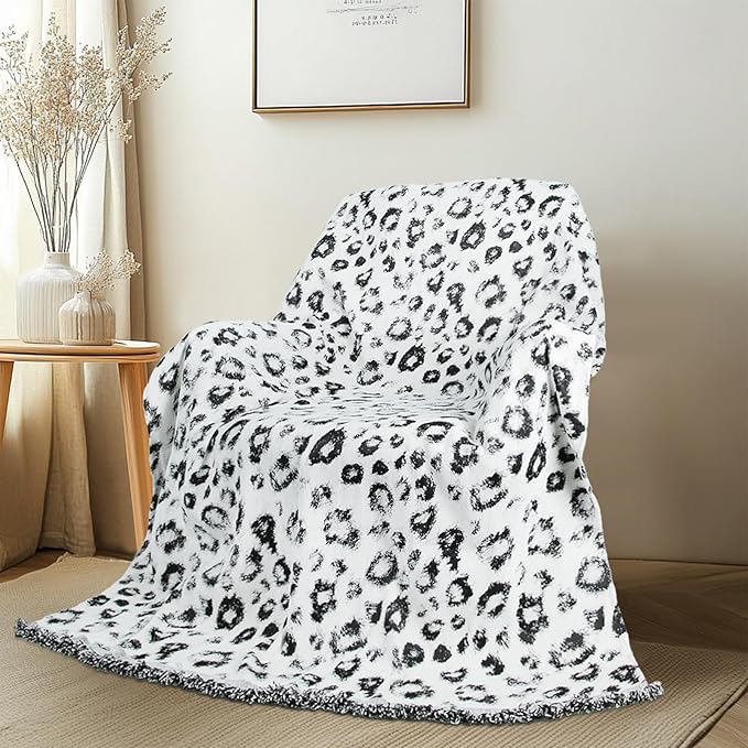 MACEVIA Boho Throw Blanket for Bed, Snow Leopard Printed Blanket, Woven Boho Blankets and Throws with Tassel for Couch Sofa, All Season Home Decor Cheetah Blanket (Snow Leopard 50"×70")