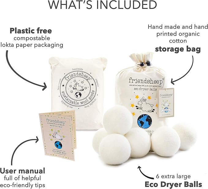 Friendsheep Wool Dryer Balls, Organic Reusable Fabric Softener Alternative for Laundry, Handmade, Fair Trade, Hypoallergenic, Eco-Friendly, Plastic-Free (6 Pack XL – Creamy White)