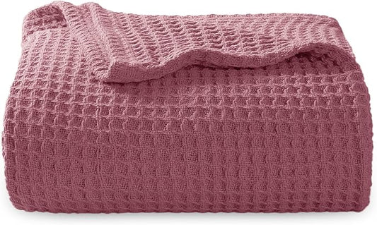 Bedsure Gentlesoft 100% Cotton Large Throw Blanket for Couch 50x70 inches - Breathable and Soft, Waffle Weave Throw Blanket for Office, Dusty Rose