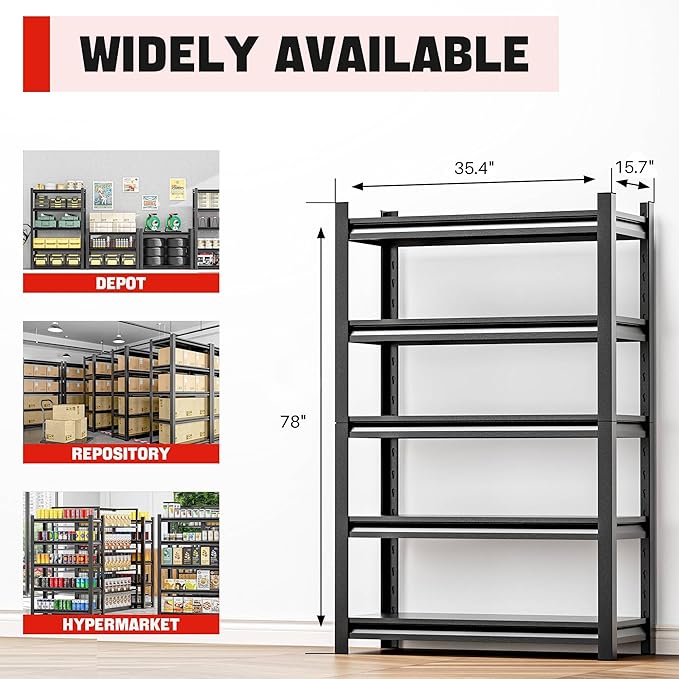 Storage Shelves Garage Shelving Heavy Duty - 72''H Garage Shelves Adjustable 5 Tier Metal Shelving Unit Storage Rack Shelving Industrial Utility Shelf 16" D x36 W x78 H（5 pcs）