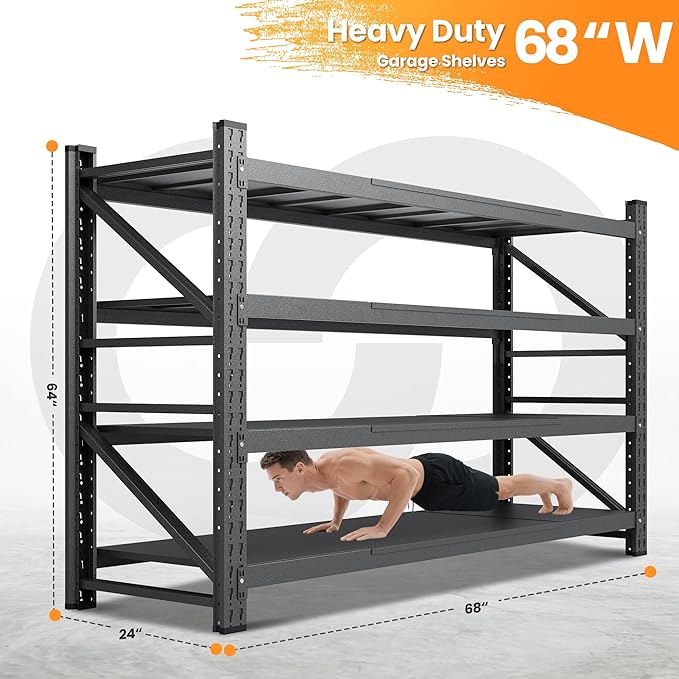 68”W Garage Shelving Units, 8000LBS Storage Shelves Heavy Duty, 24" Deep Metal Shelving Rack, 4 Tier Tall Steel Industrial Shelving , Adjustable Standing Shelf for Warehouse / Shop 68"W x 24"D x 64"H