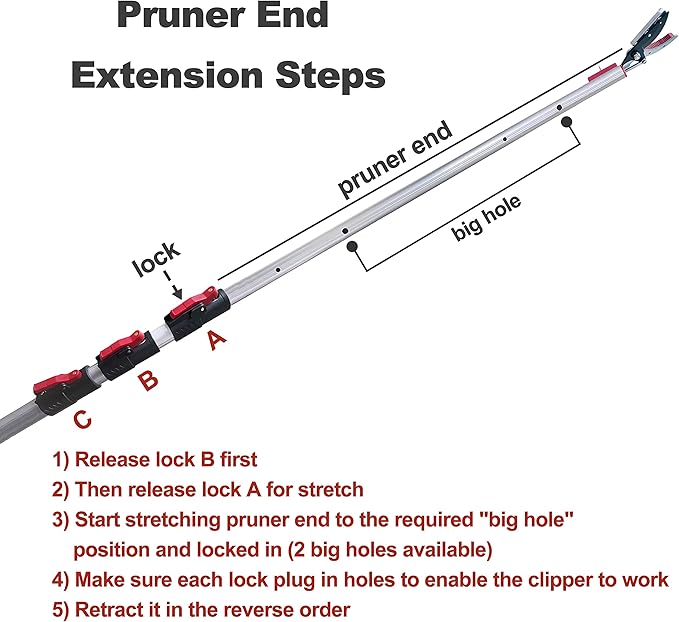 5.4-14.8 FT Tree Pruner Extendable 4 Sections, Telescopic Cut and Hold Trimmers Pole Saws Trimming Long Reach Pruning Shears Branch Cutter Clipper Bypass Lopper Fruit Picker