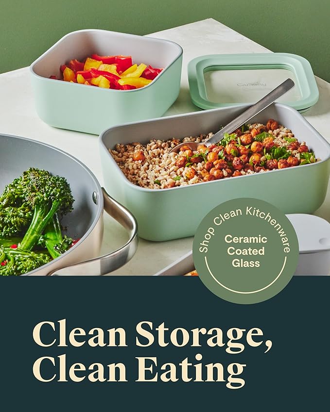 Caraway Glass Food Storage - 6.6 Cup Glass Container - Ceramic Coated Food Container - Non Toxic, Non Stick Lunch Box Container with Lids - Dishwasher, Oven, & Microwave Safe - Perracotta
