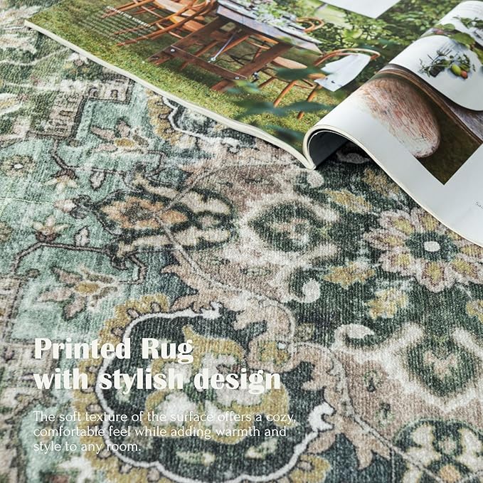 Washable Area Rug 8x10 - Large Moss Green Boho Rugs for Living Room Soft Vintage Bedroom Rug Ultra-Thin Oriental Farmhouse Distressed Carpet Non Slip Rug for Dining Room Guest Room Home Decor
