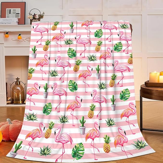 Flamingo Blanket, Pink Flamingo Throw Blanket, Tropical Pineapple Gifts Blankets Stuff Fleece Flannel Plush for Girls Women Lovers Adults Soft Bedding Gift for Sofa Bed Office Home Decor 60"x50"