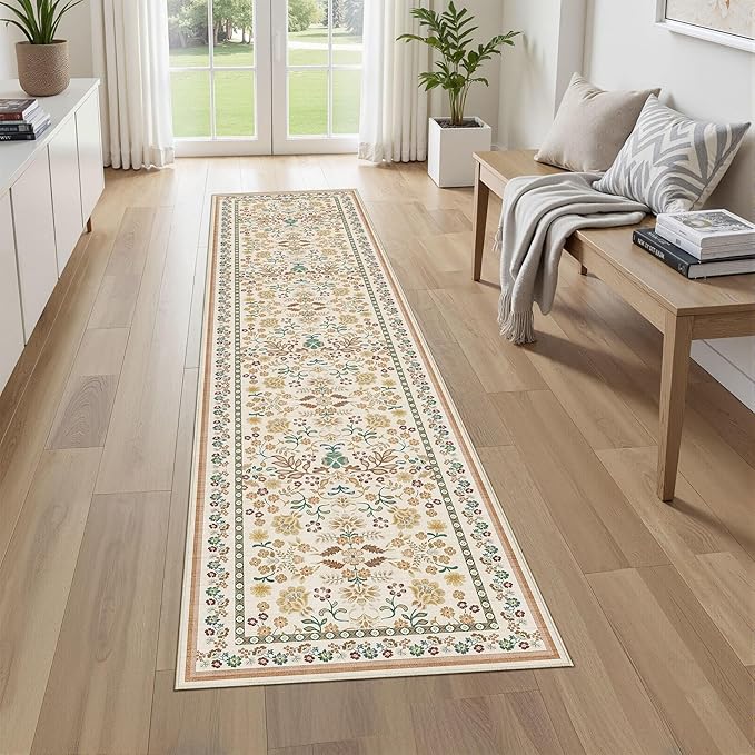 Runner Rug for Hallways Kitchen: 2x8 Washable Area Rug Boho Floral Soft Long Rug - Non-Slip Low Pile Throw Indoor Carpet for Entryway Kitchen Bedroom Laundry Bathroom - Brown