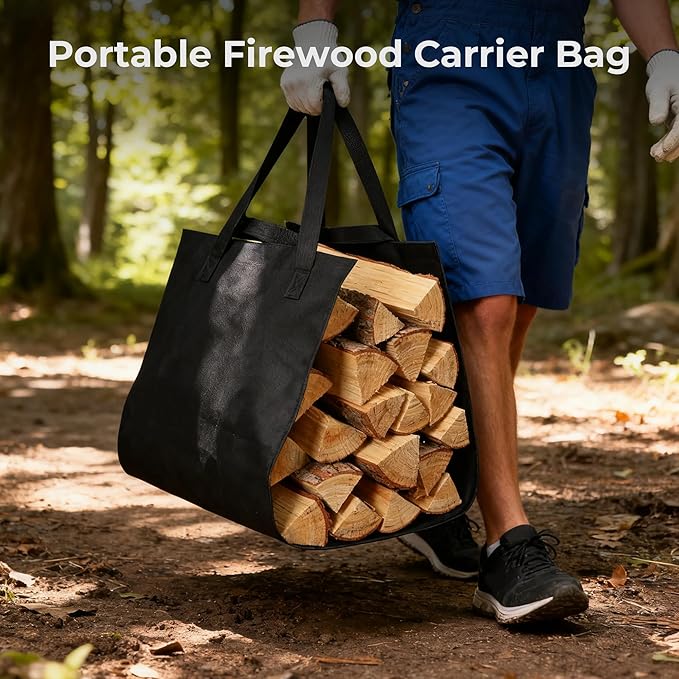 30 Inch Firewood Rack with Log Carrier Bag, Indoor Double-layer Fire Wood Holder with handles, Metal Heavy Duty Log Holder, Rustproof Firewood Storage Tool for Fireplace Patio Deck