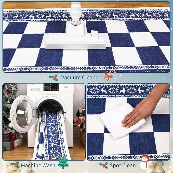 GarveeHome Blue 2x6 Runner Rug, Washable Rug for Christmas Decor, Indoor Non Slip Carpet, Checkered Soft Low Pile Christmas Rugs for Kitchen, Entryway, Living Room, Bedroom